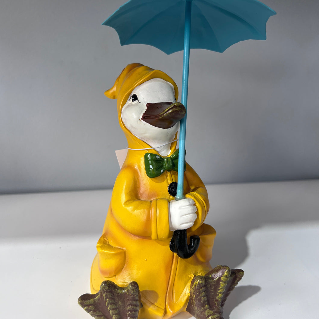 Dapper Duck Ornament - Fun Rainy Day Decor with Blue Umbrella, Yellow Raincoat, Green Bow Tie - 21cm x 12cm - $32.99