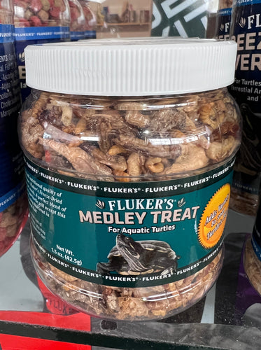 Fluker's Medley Treat - A nutrient-packed blend of river shrimp, mealworms, and crickets, perfect for turtles. 🐢🦐🍴